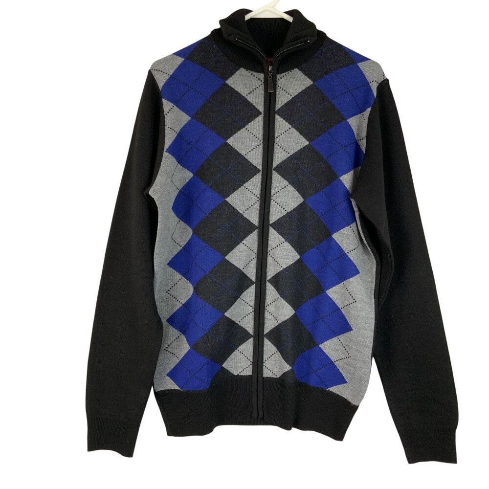 Yoki Black Blue Argyle Print Full Zip Long Sleeve High Neck Sweater Size M